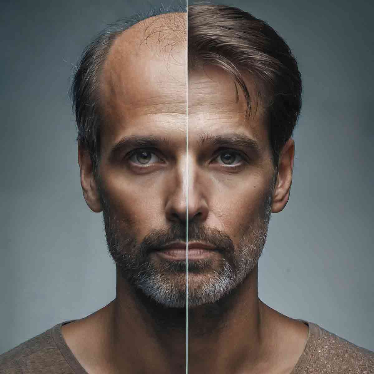 Haarersatz: Mit vs Ohne Ein Mann mit lichtem Haar mit und ohne Haarersatz